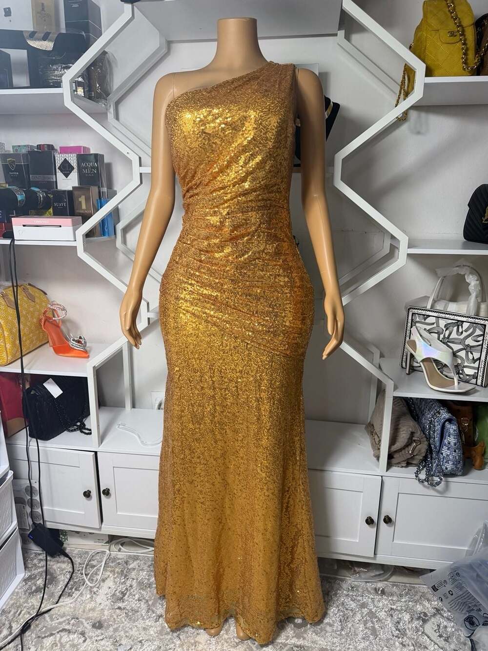 One-Shoulder Ruched Sequin Maxi Dress Gold Sparkling Formal Gown
